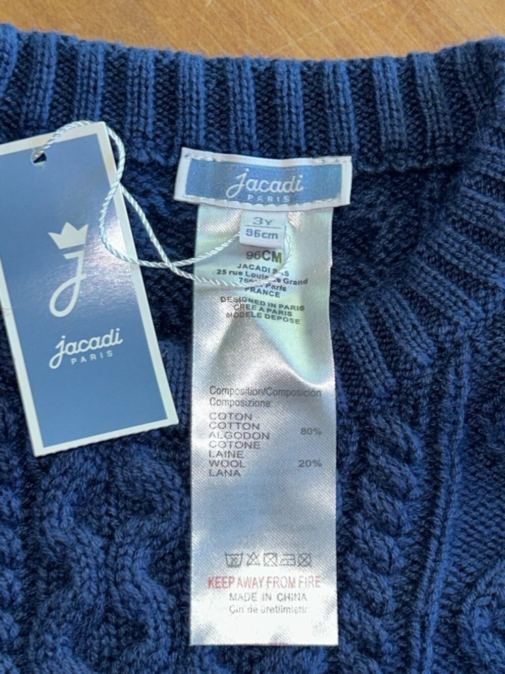 Jacadi Paris Boys Cable Knit Sweater 3Y Slate Blue with striped sleeve, NWT - Picture 4 of 4
